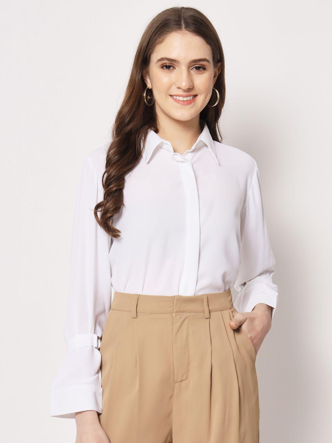 TRENDARREST Women's White Shirt with Buckle Detail Sleeve