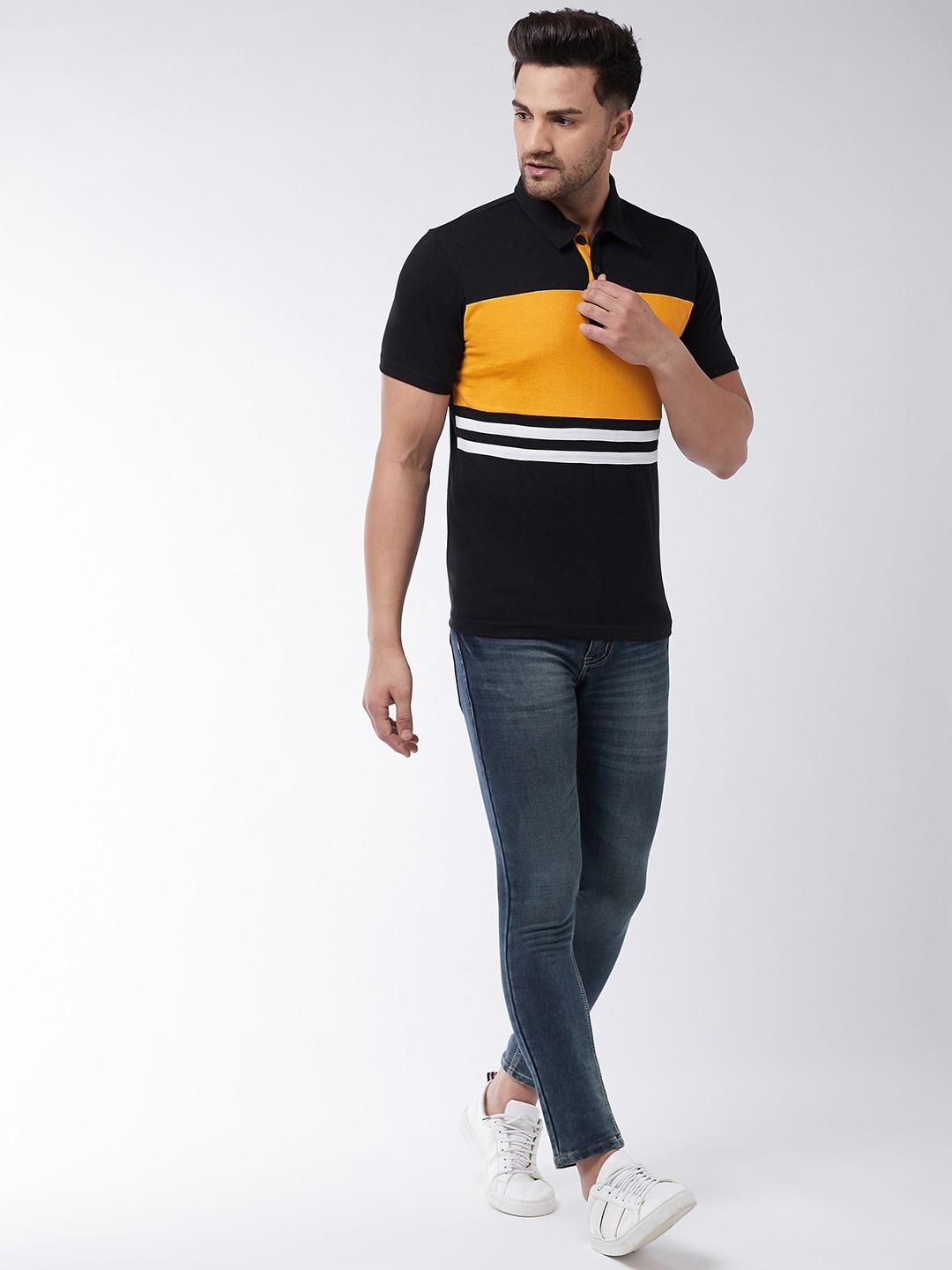 Gritstones Cotton Blend Black & Yellow Color  Half Sleeve Color Block Half Sleeve Polo Mens T-Shirt