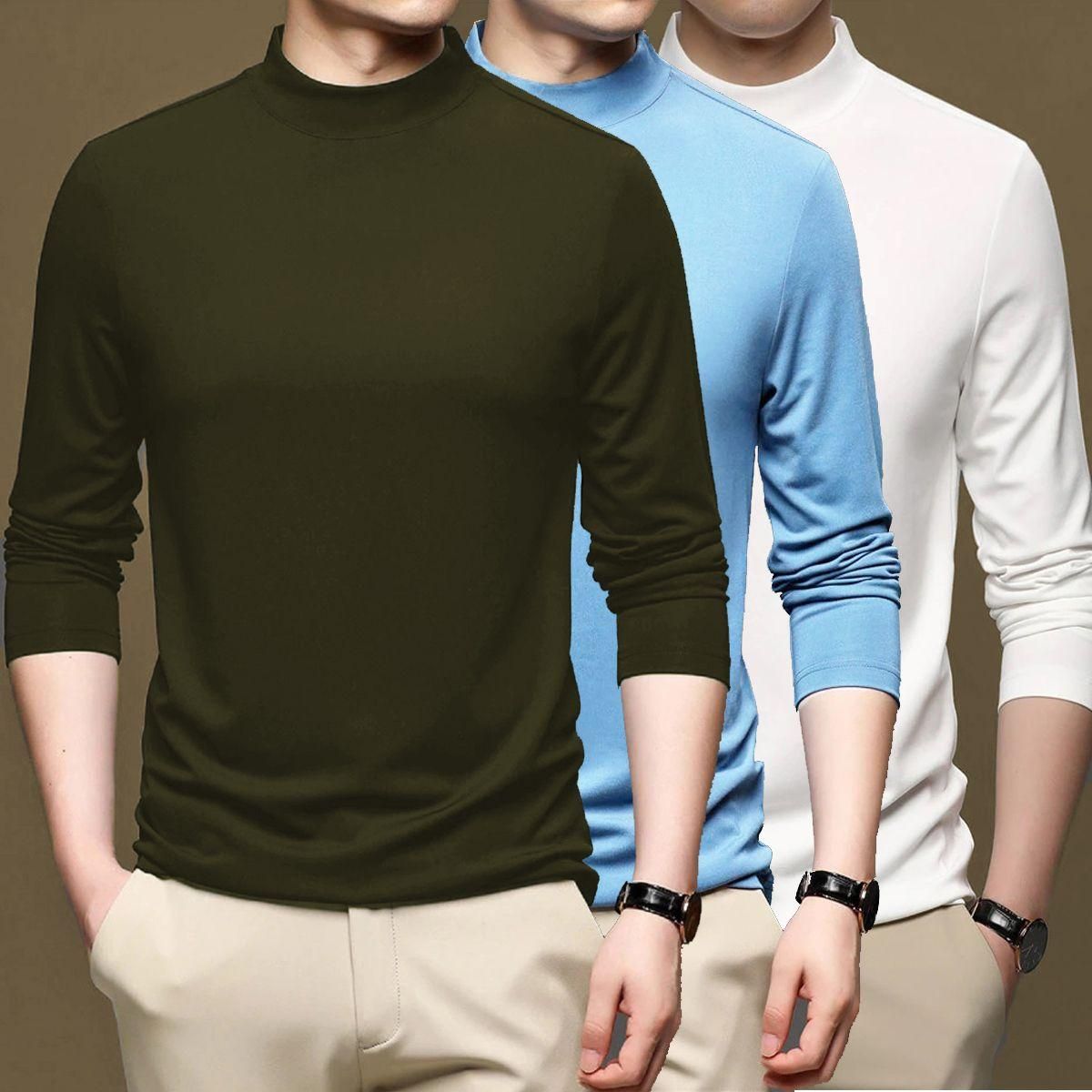 Polyester Solid Full Sleeves Mens Stylish Neck T-Shirt Pack Of 3